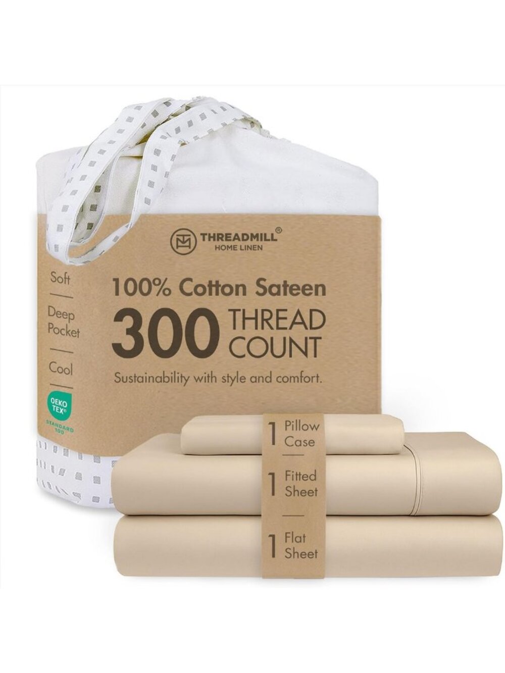 300 Thread Count Cotton Twin Sheet Set - Sateen Finish, Solid Beige Color